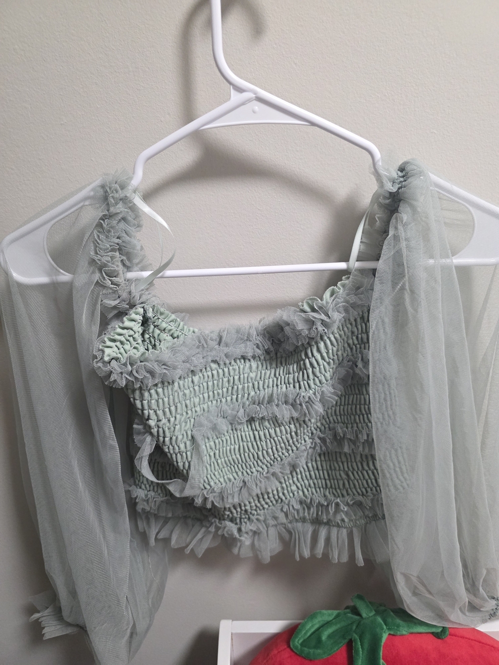 Anna Grace Sage Green Sheer-Sleeve Smocked Crop Top